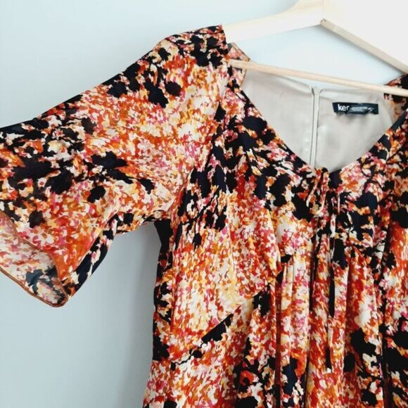 KENZIE Pretty / 100% Silk Flowy V-Neck Midi Knee Length Dress Abstract Floral M - Picture 7 of 15
